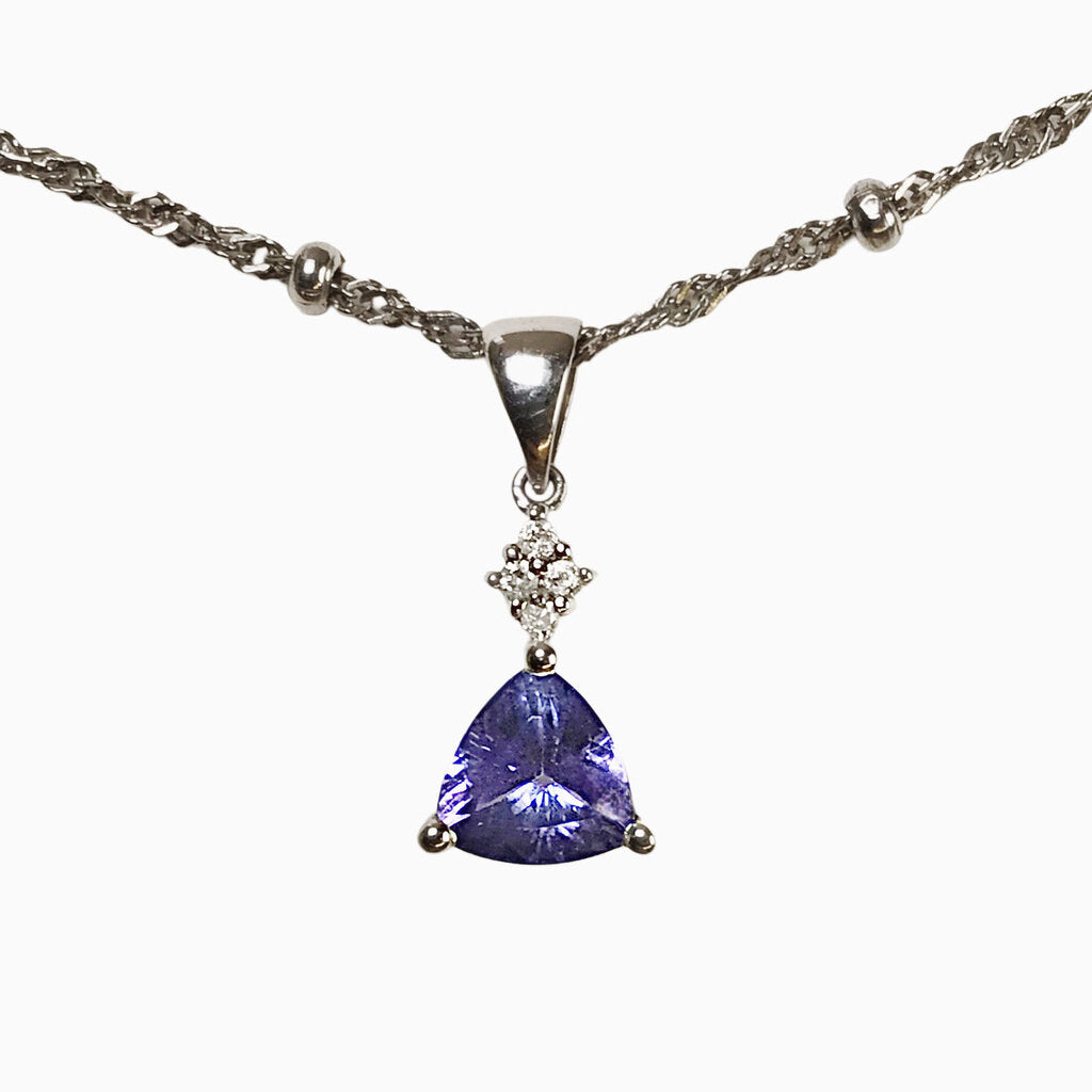 Tanzanite Trillion Cut Pendant in 14Kt White Gold w. Sterling Fancy Link Necklace