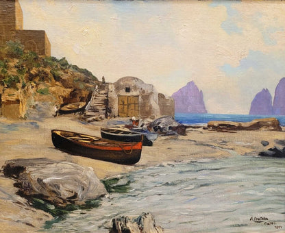 Attilio Pratella. Capri Coastal Scene. Oil on Board.