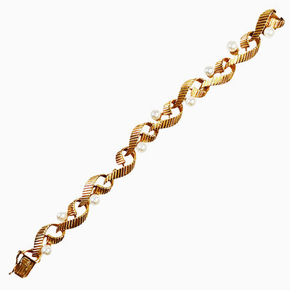 14Kt Pearl & Grooved Gold Link Bracelet