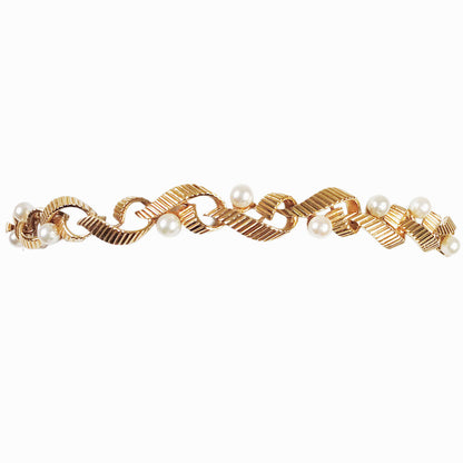 14Kt Pearl & Grooved Gold Link Bracelet