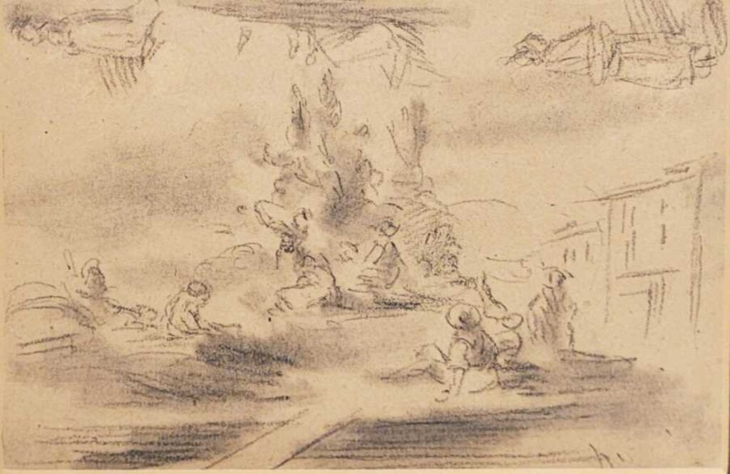 Antique Pencil Sketch of a Fountain