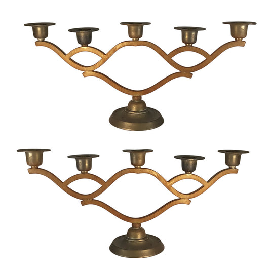 Pair/Five-Light Brass Candelabras