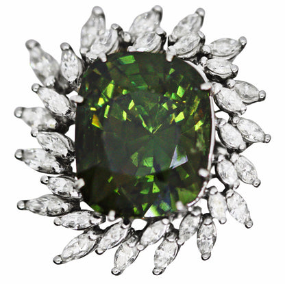 Exceptional 13.2 Carat Cushion Cut Green Chrysoberyl Ring w 32 Marquise Cut Diamonds Mounted in Platinum