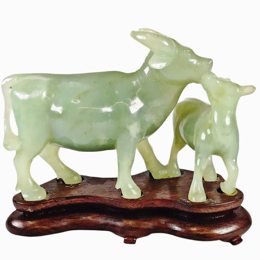 Chinese Hardstone Water Buffalo & Calf on Stand