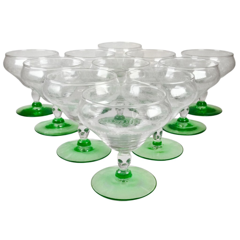 11 Tiffin Franciscan Uranium Glass Sherbets, ca. 1920s