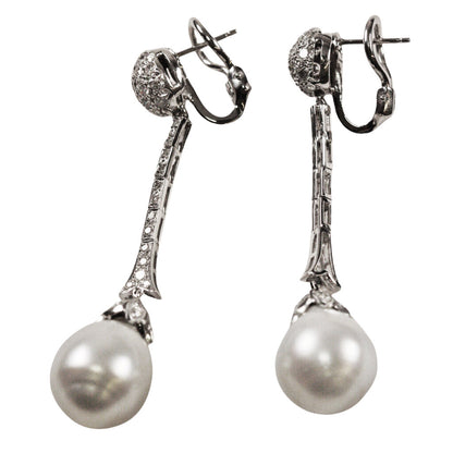 Silver South Sea Pearl & Diamond Earrings in 14Kt White Gold