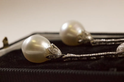 Silver South Sea Pearl & Diamond Earrings in 14Kt White Gold