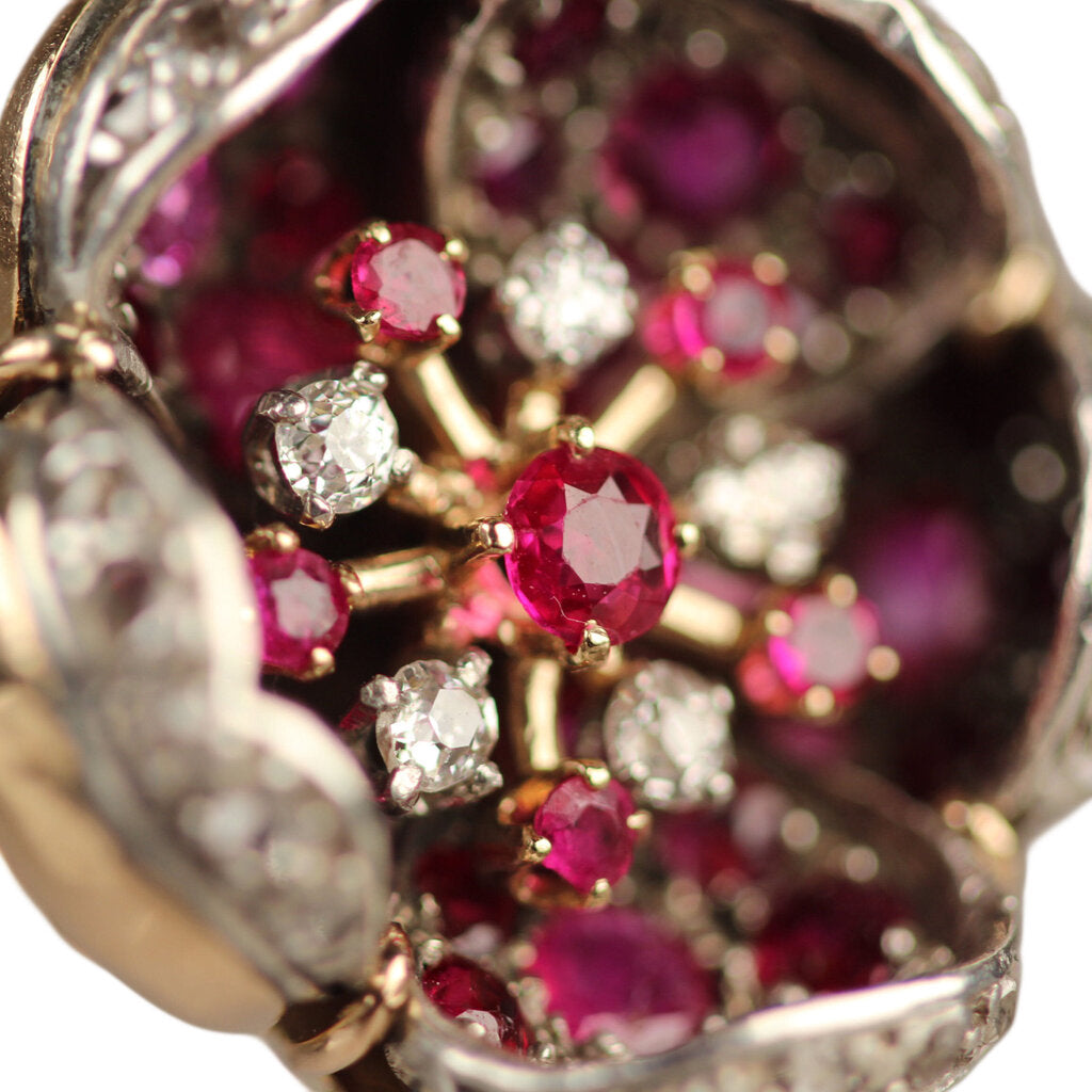 Ruby, Rose & Old Cut Diamond Vintage Flower Ring