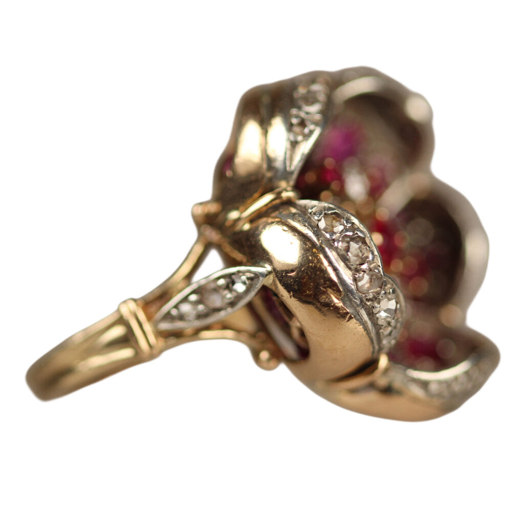 Ruby, Rose & Old Cut Diamond Vintage Flower Ring