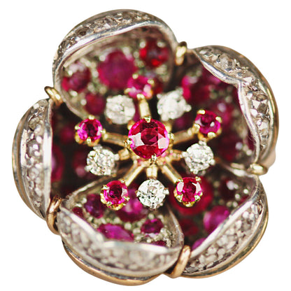 Ruby, Rose & Old Cut Diamond Vintage Flower Ring