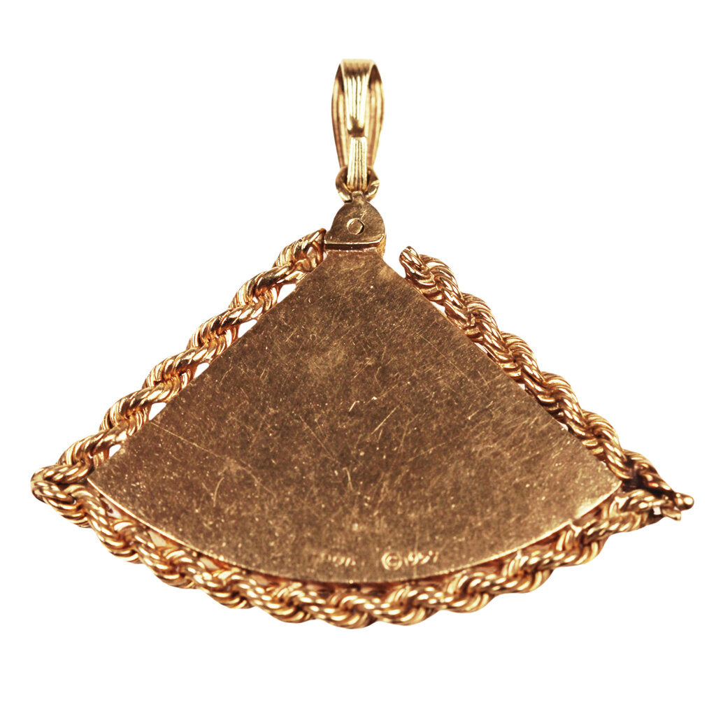 14Kt Gold Fan Shape Pendant w. Diamonds Sapphires & Pearls