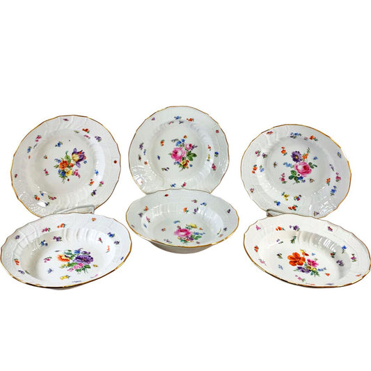 6 Meissen Flower & Insect Soup Bowls, ca. 1860