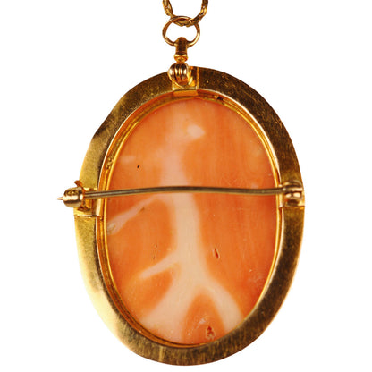 Antique Carved Coral Cameo of a Classical Profile Mounted in 14Kt Gold w. 14Kt Chain Necklace