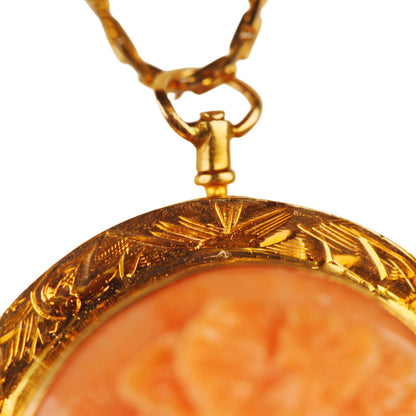 Antique Carved Coral Cameo of a Classical Profile Mounted in 14Kt Gold w. 14Kt Chain Necklace