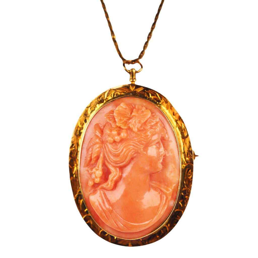 Antique Carved Coral Cameo of a Classical Profile Mounted in 14Kt Gold w. 14Kt Chain Necklace