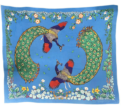 Hermes Peacock Print Cotton Paons Large Scarf 1989