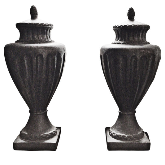 Pair/Black Cast Iron Lidded Garden Urns