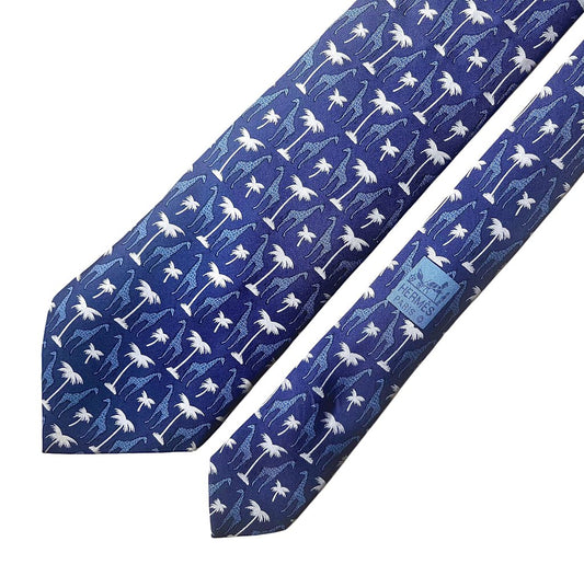 Hermes Blue Giraffe And Palm Tree Tie