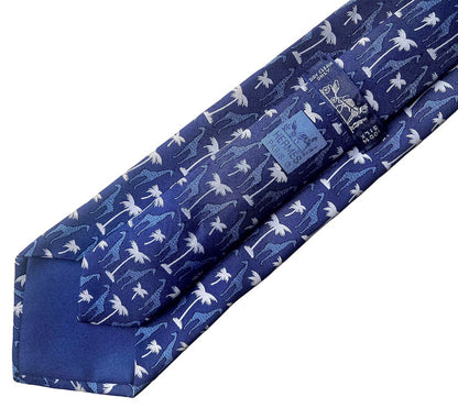 Hermes Blue Giraffe And Palm Tree Tie