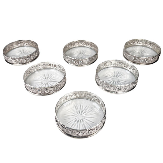 6 Samuel Kirk & Son Sterling Repousse & Cut Glass Coasters, ca. 1896-1924