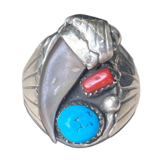 Vintage Navajo Sterling Bear Claw Turquoise & Coral Ring