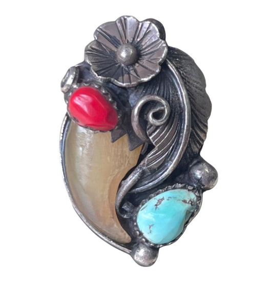 Vintage Navajo Sterling Bear Claw Coral & Turquoise Ring