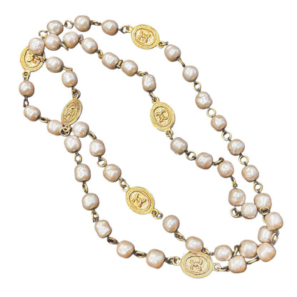 Vintage Faux Pearl & Double C Medallion Necklace