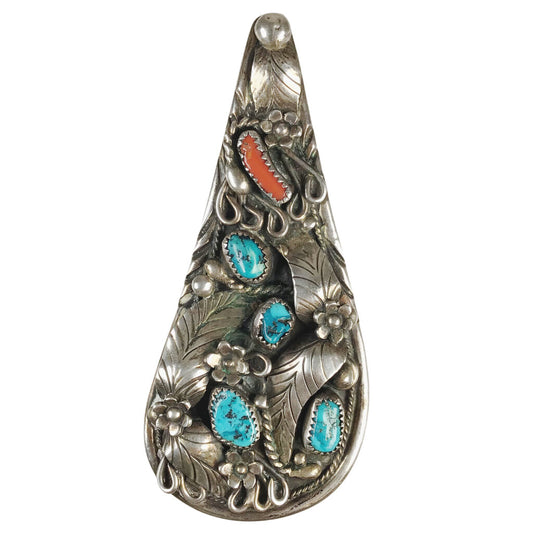 Vintage Navajo Turquoise Coral & Sterling Pendant