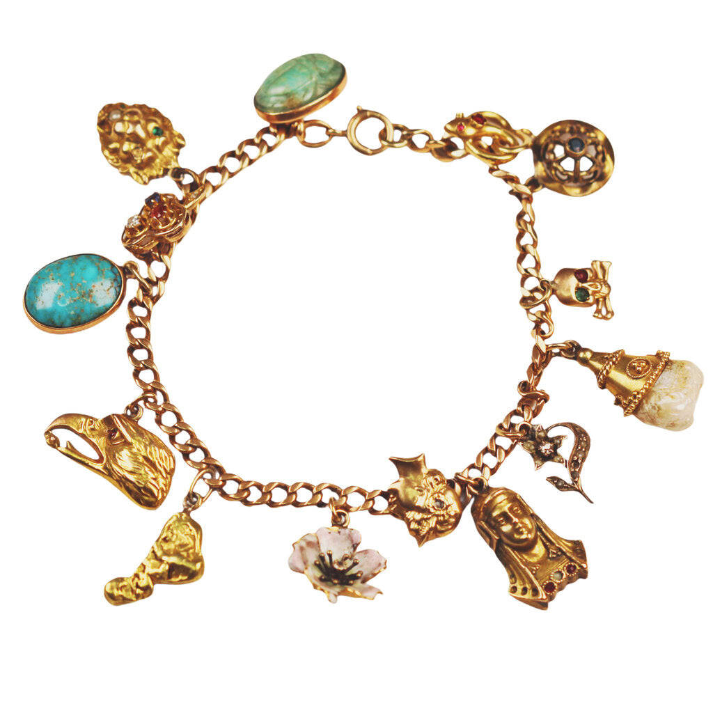 Gold Charm Bracelet w. Gemstones & Gold Nugget