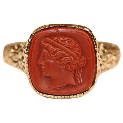 Antique 18Kt Gold Ring w. Carnelian High Relief Profile of a Classical Bust