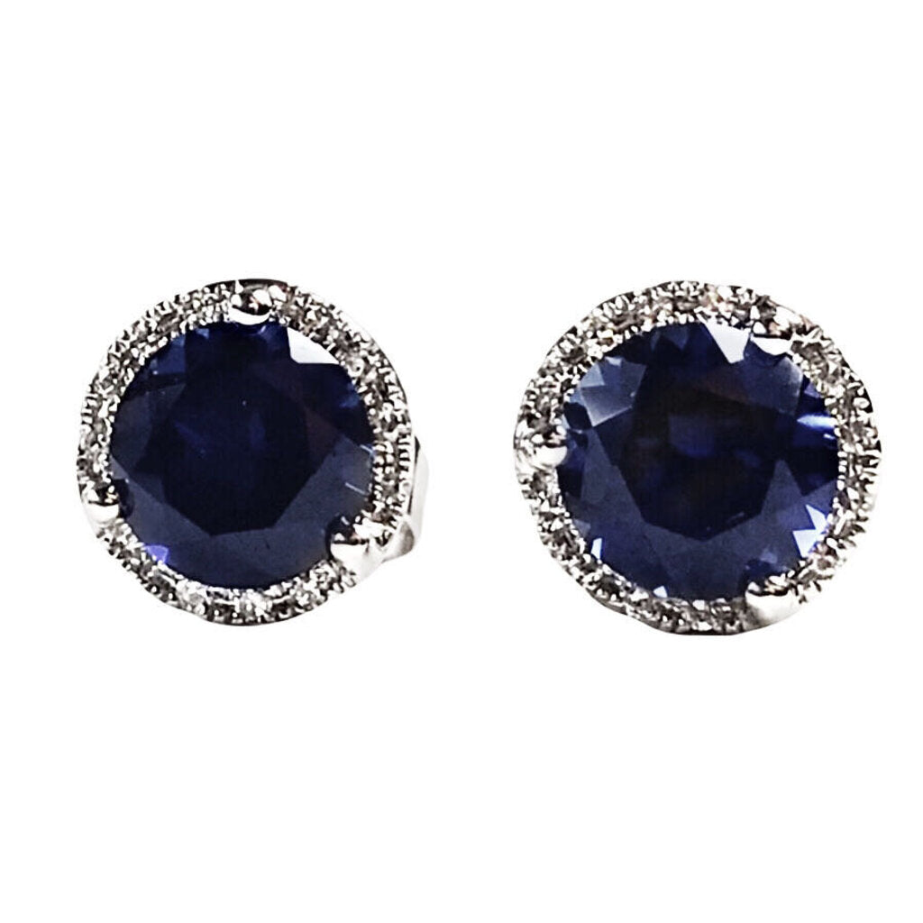 14Kt Gold, Synthetic Sapphire & Diamond Halo Stud Earrings