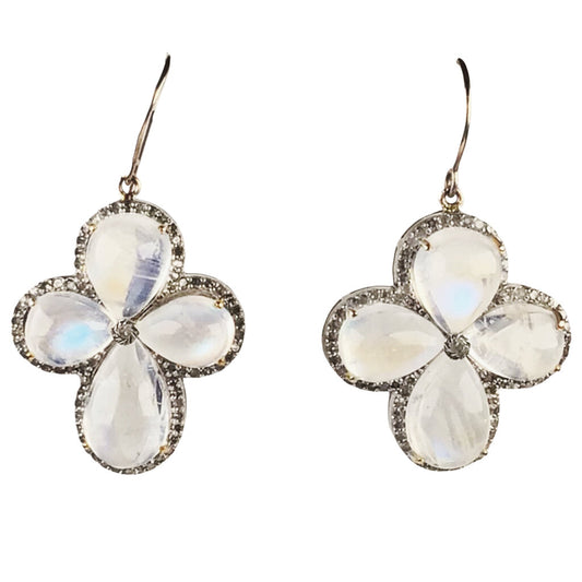 Moonstone, Diamond & Sterling Clover Earrings