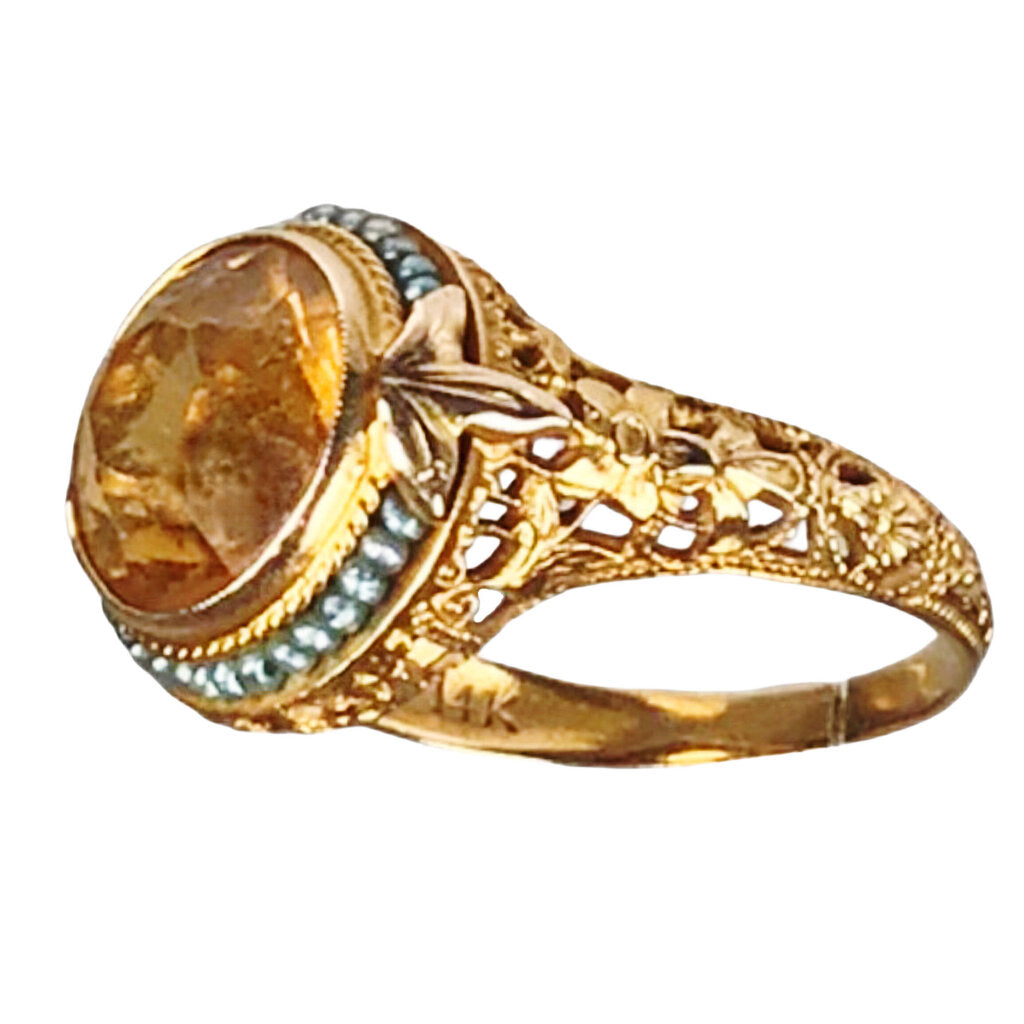 14K Gold Citrine & Seed Pearl Ring in Filigree -Art Deco Style-