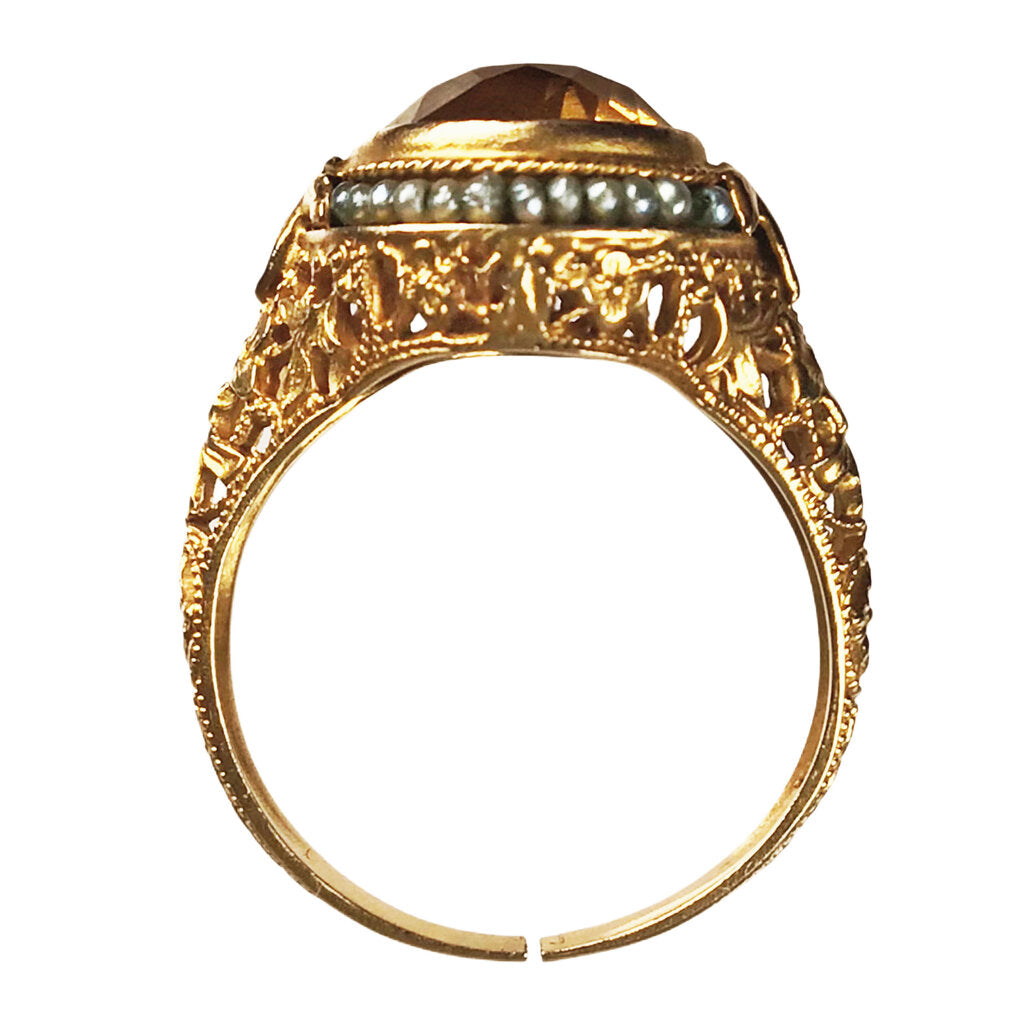 14K Gold Citrine & Seed Pearl Ring in Filigree -Art Deco Style-