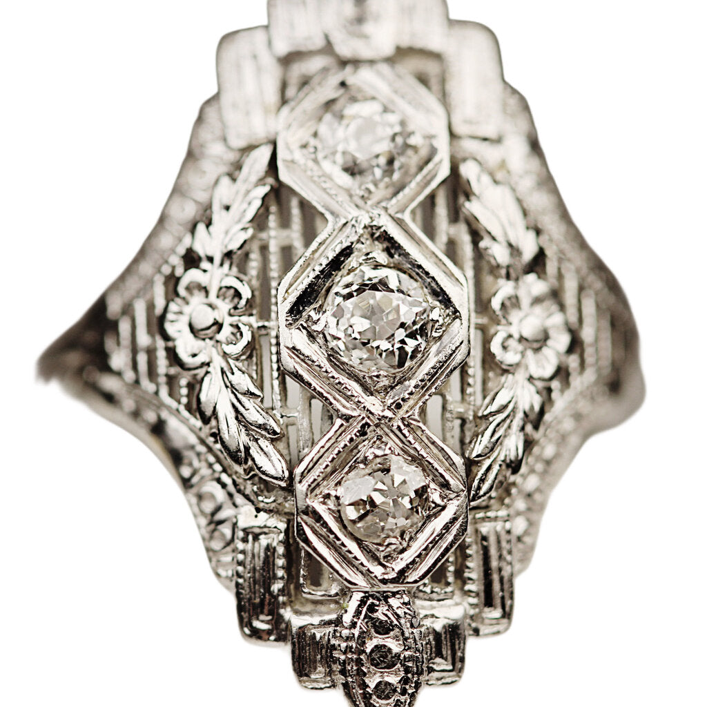 Art Deco Three Stone Diamond Ring in 18Kt White Gold