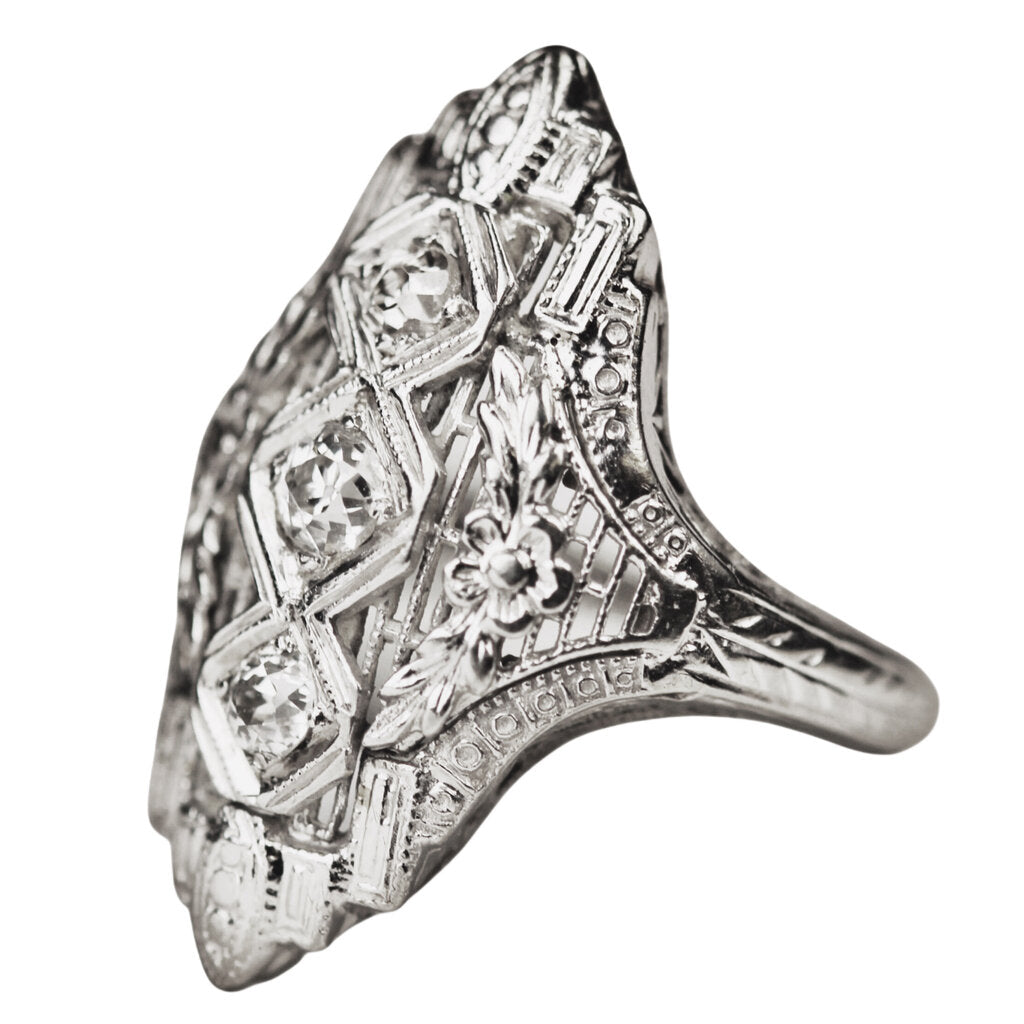 Art Deco Three Stone Diamond Ring in 18Kt White Gold