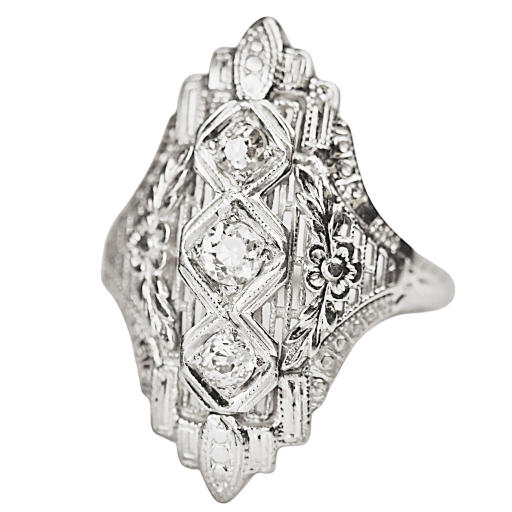 Art Deco Three Stone Diamond Ring in 18Kt White Gold