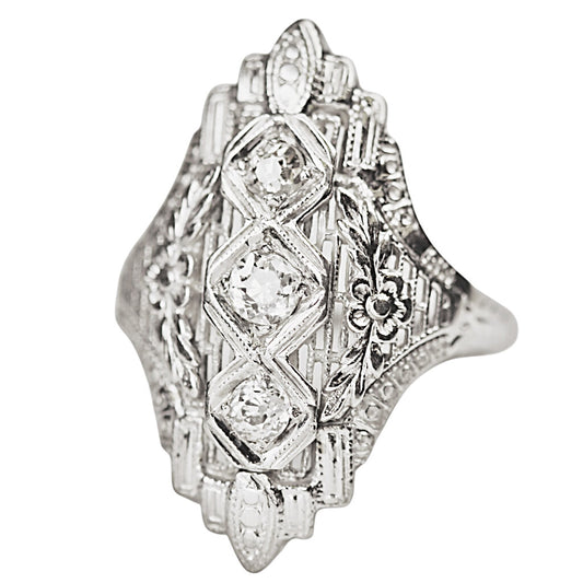 Art Deco Three Stone Diamond Ring in 18Kt White Gold