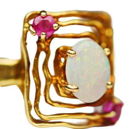 Opal & Ruby Geometric Ring in 14Kt Gold