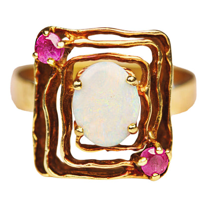 Opal & Ruby Geometric Ring in 14Kt Gold