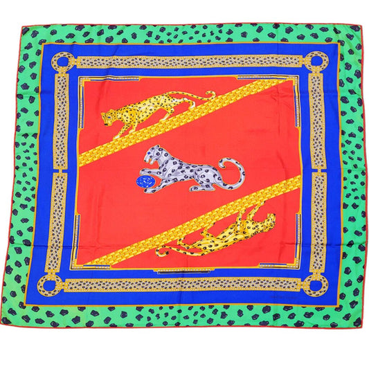 Cartier Red Green & Navy Leopard Motif Silk Scarf