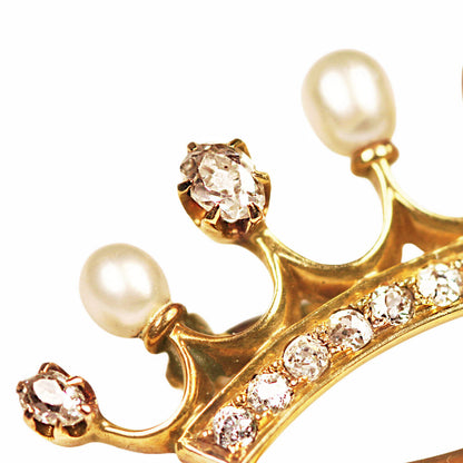 Antique Old Cut Diamond & Pearl Crown Brooch in 14Kt Gold