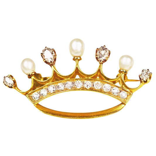 Antique Old Cut Diamond & Pearl Crown Brooch in 14Kt Gold