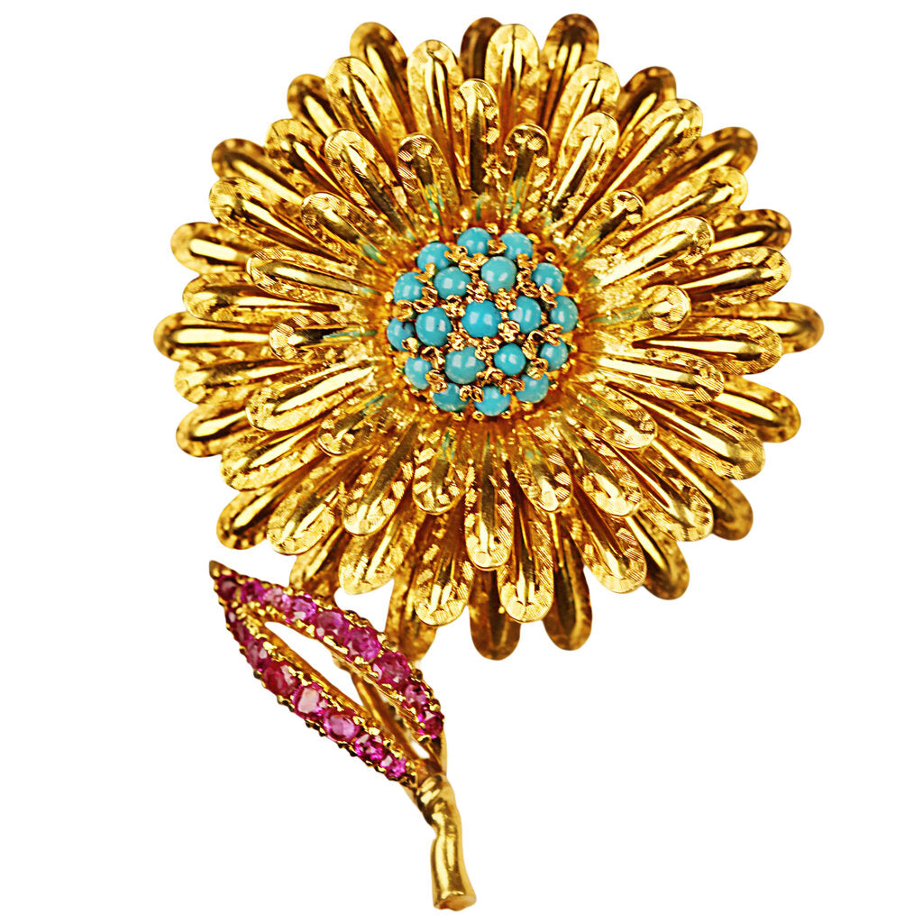 Giuseppe Gatti 18Kt Gold Turquoise and Ruby Flower Brooch 1960s