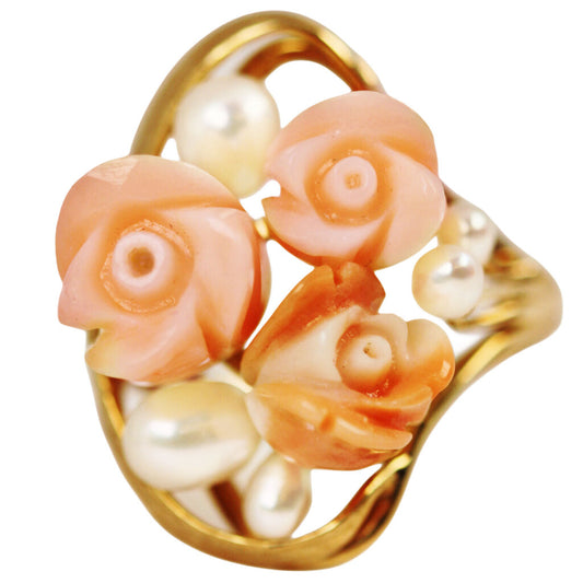 Vintage Carved Coral & Pearl Ring Fashioned as a Spray of Flowers in 14Kt Gold