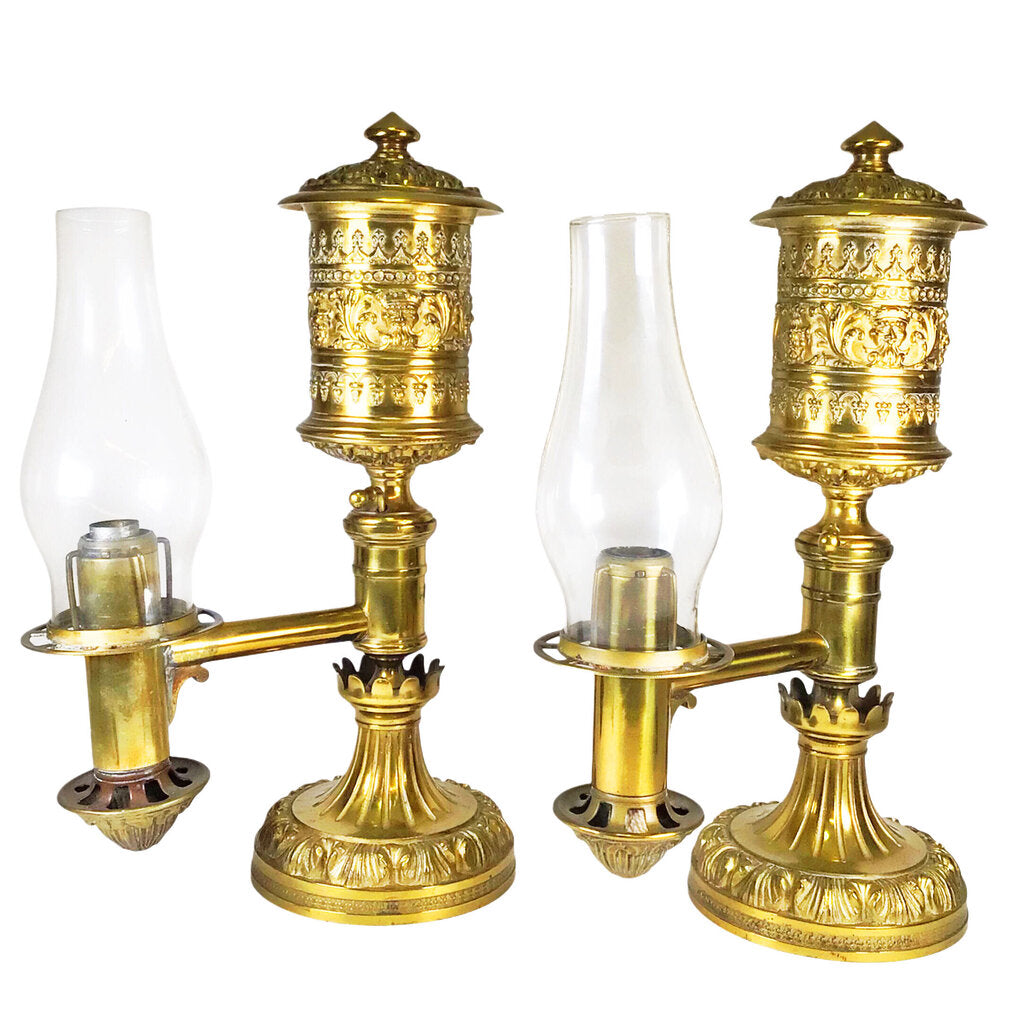 Pair/Cast Brass Argand Lamps