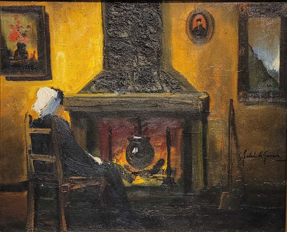 S. Ladron de Guevara, Fireside Scene. Oil on Board.