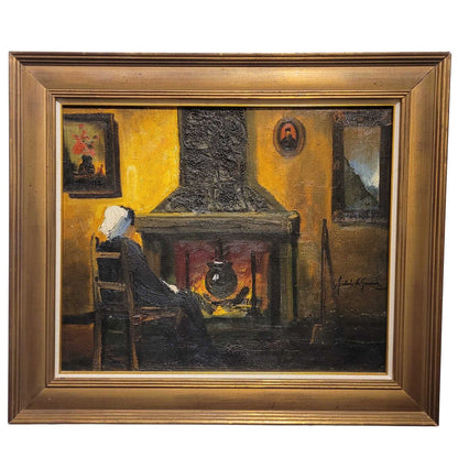 S. Ladron de Guevara, Fireside Scene. Oil on Board.