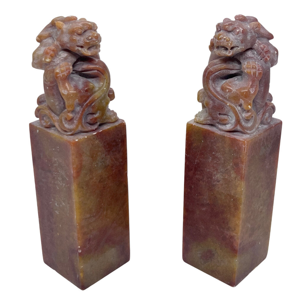 Chicken-Boold Soapstone Chops w. Lion Carving Set of 2