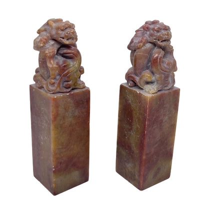 Chicken-Boold Soapstone Chops w. Lion Carving Set of 2